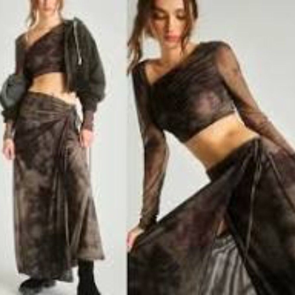 Free People Supernova Black and Brown Mesh Wrap Skirt Crop Top Set- Size S